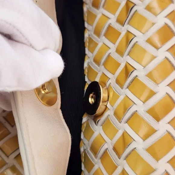 Bally Hand Bag Top Handle Braided Leather Purse Turn Lock Cream and Yellow - Picture 11 of 14